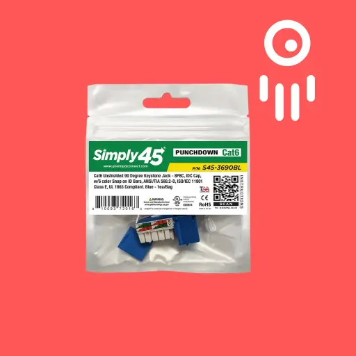 S45-3690BL-25: 25-Pack Cat6 Unshielded 90-Degree Keystone Jacks